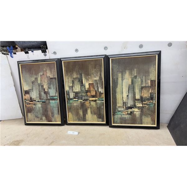 Set of Three Framed Abstract Cityscape Prints with Water Reflections in Black and Gold Frames