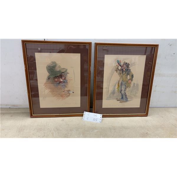 Pair of René Huertas "Clochard de Paris" Framed Watercolor and Ink Caricatures, 17 × 13 1/2”