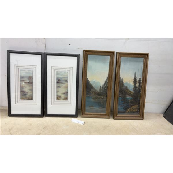 Four Framed Landscape Art Prints, Misty Field Scenes and Mountain Lake Scenes With Pines, 23 × 10”