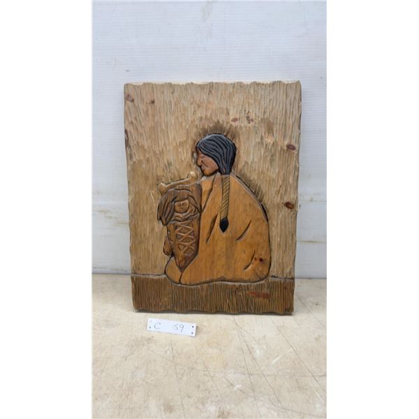 Carved Wooden Plaque by Ann Bruyere, Fort Alexander Indian Reserve, Mother and Child, 1979