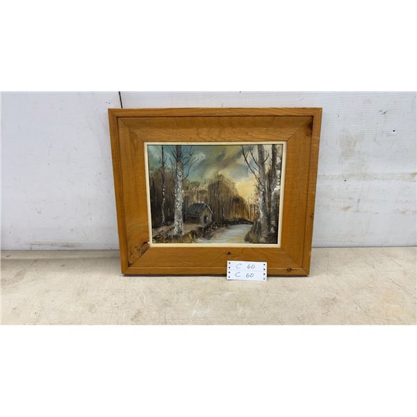 Joan Fitzgerald 1980 Original Oil Painting, Rustic Cabin in Wooded Landscape, Wood Frame, 18 × 21”