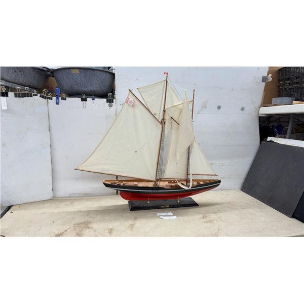 Bluenose Canadian Schooner Wooden Model Ship with Cloth Sails on Display Stand, Approximately