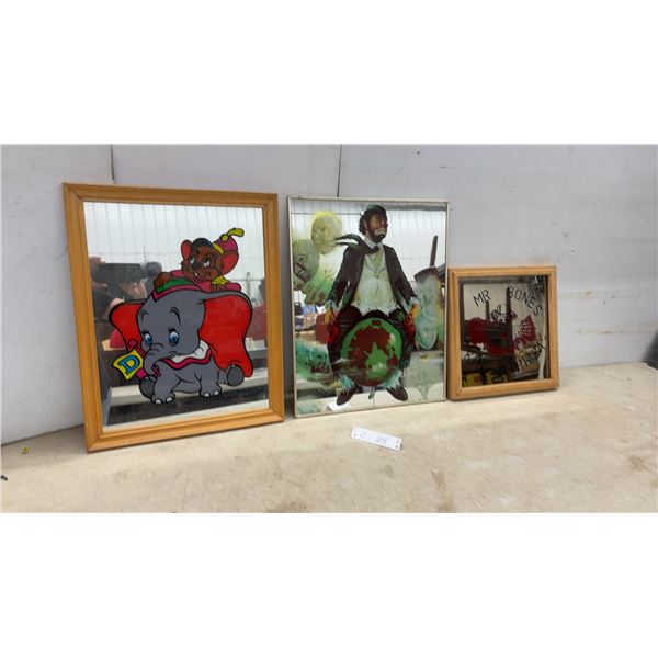 Three Framed Mirrors: Dumbo, Clown on Globe, and Mr. Bones King of Pizza, Largest 20 × 16”