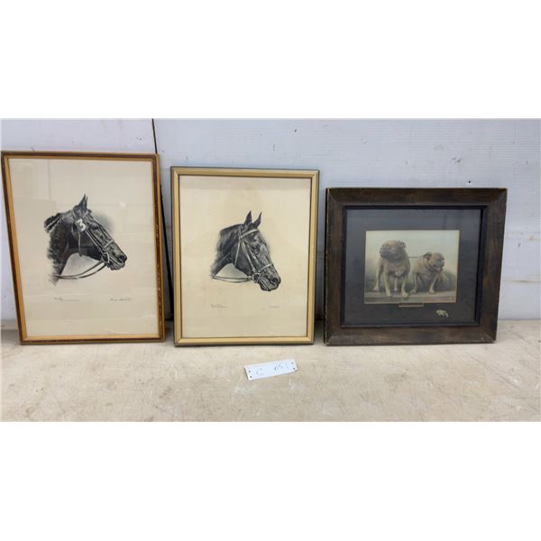 Framed Prints Including Kentucky Derby Winners "Needles" 1956, "Cherry Wine" and Pugs, Largest