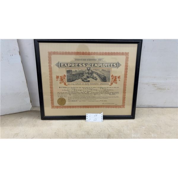 Framed 1937 Brotherhood of Express Employees Charter Certificate, Local No. 28 Winnipeg, Manitoba