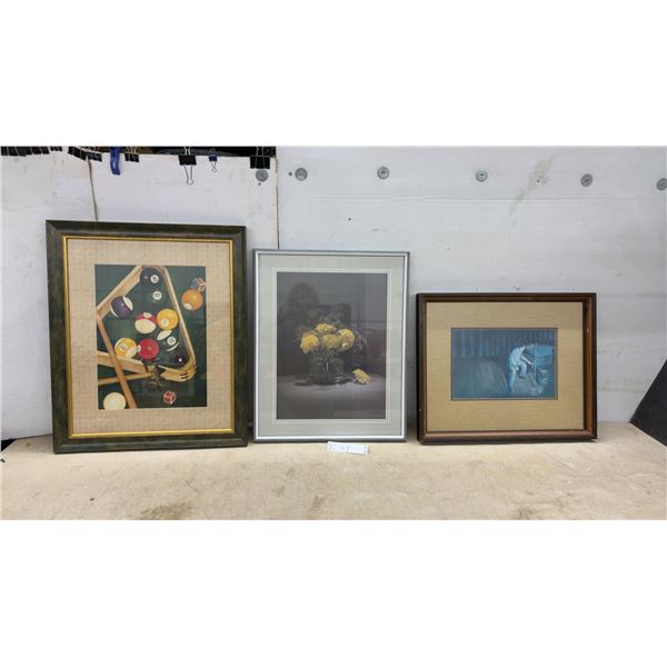 Set of Three Framed Art Prints: Billiards, Yellow Floral Still Life, and Pianist Scene, 23 × 19”