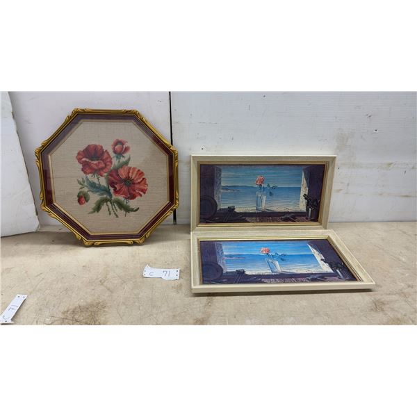 Octagonal Gold-Framed Red Poppy Needlepoint, 17 × 17” and Framed Rose Seascape Prints, 11 × 20”