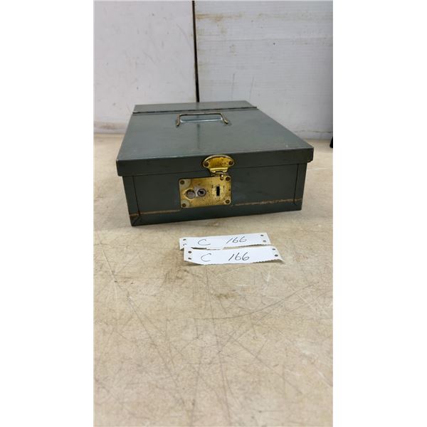 Vintage Metal Lockable Cash Box with Brass Latch and Key, 3 1/2 × 9 1/2 × 13”