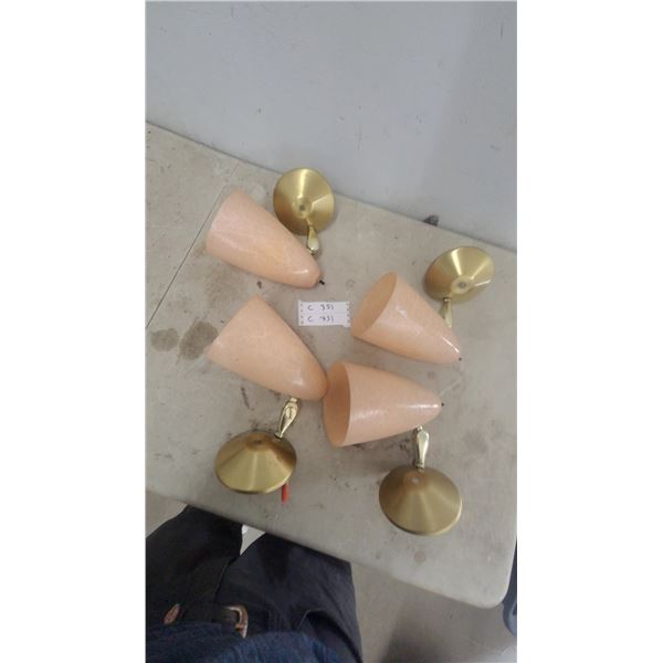 Set of 4 Mid-Century Modern Wall Sconces With Peach Fiberglass Shades and Brass Plates, 1950s