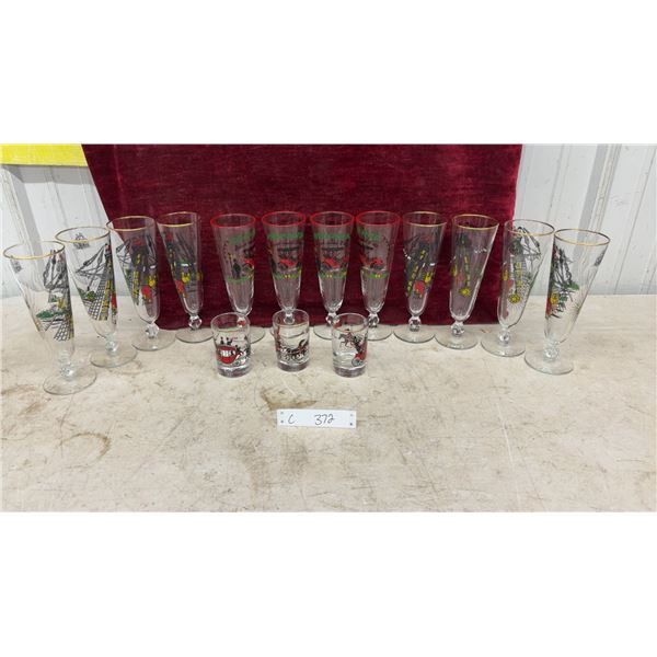 Vintage Stemmed Glasses Set Featuring 1905 Buick Model G, Tall Ships and Carriage Shot Glasses