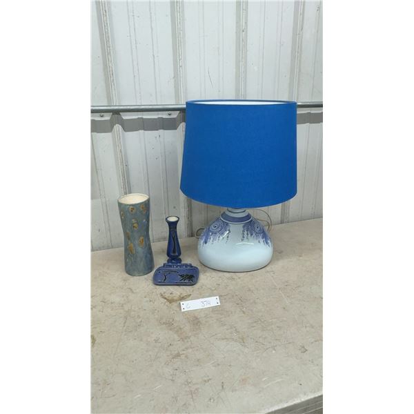 Blue and White Hand-Painted Ceramic Table Lamp, Vase, and Candlestick Holder