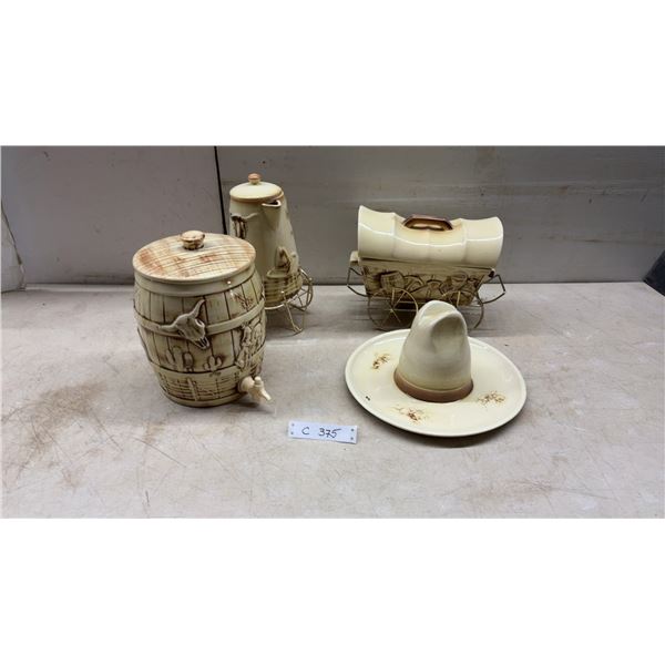 Vintage 1950s-60s Ceramic Western-Themed Barrel Beverage Dispenser With Lid and Spigot, Chip