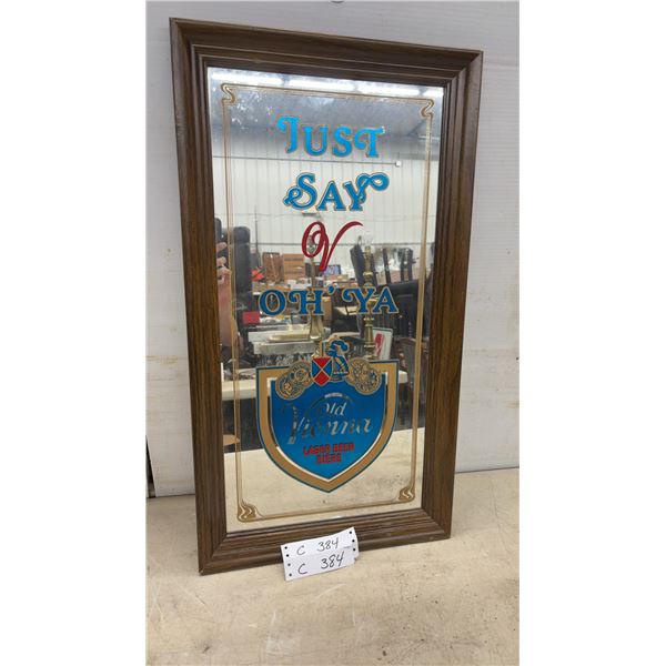 Vintage Old Vienna Lager Beer "Just Say V Oh'Ya" Framed Advertising Mirror, 27 × 15”