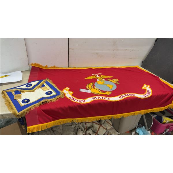 U.S. Marine Corps Ceremonial Flag with Gold Fringe, 36 × 60” and Masonic Master Mason Apron