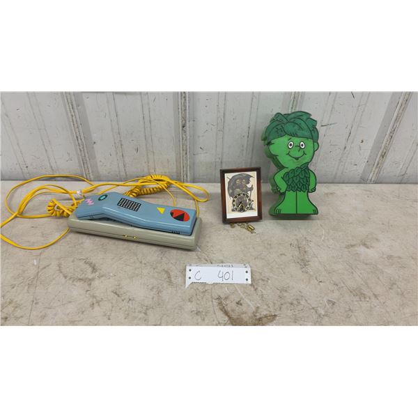 Vintage Green Giant Little Sprout Corded Speaker, Telephone, and Framed Puppies Clock