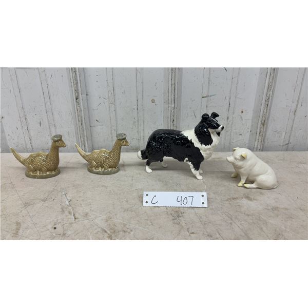 Beswick Scotch Whisky Loch Ness Monster Decanters, Collie Dog and Belleek Pig Figurine