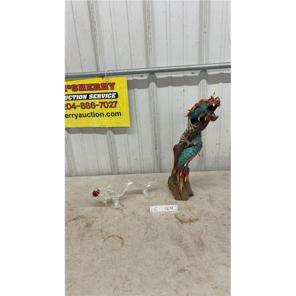 Glass Dragon Figurine With Red Orb and Dragon Sculpture on Wooden Base