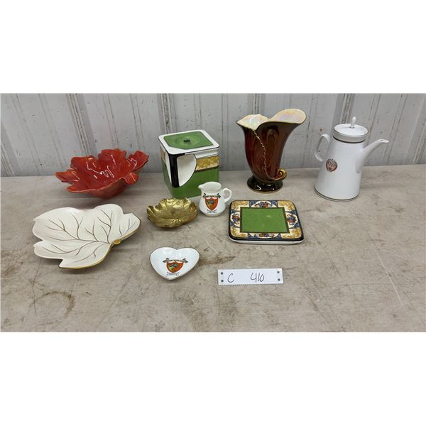 Square Teapot, Iridescent Fluted Vase, Leaf Shaped Bowls