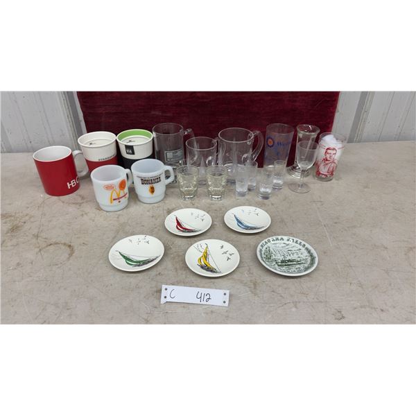 Palissy Golden Regatta Sailboat Plates, Niagara Falls Ironstone Plate, Mugs, Glasses