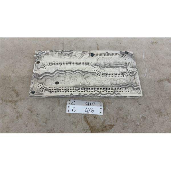 Carved Marble Three-Player Cribbage Board with Abalone Shell Inlays