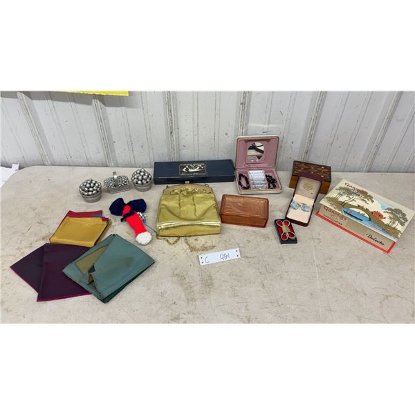 Vintage Ganong's Delecto Chocolates Box, Gold Handbag, Jewelry Box, Handkerchiefs