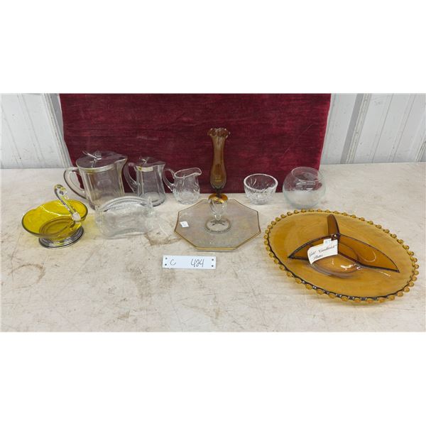 Iridescent Octagonal Glass Center-Handle Serving Tray, Etched Floral