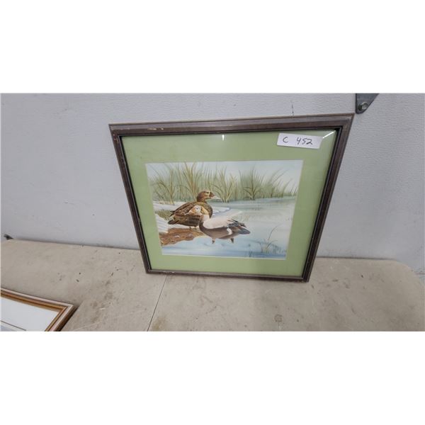 Framed Art Print of Two Ducks in Water Scene with Reeds, Signed J. F. Gaughenbaugh 18”×21”