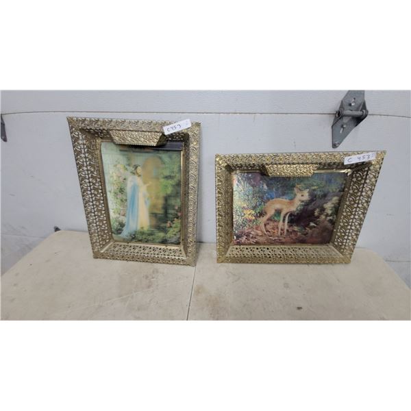 Set of 2 Ornate Gold-Tone Filigree Framed Prints, Fawn and Jesus at Door