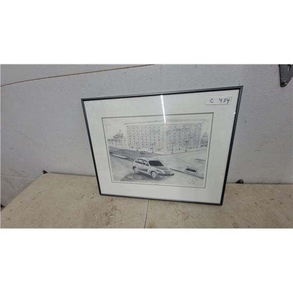 Framed Pencil Drawing of Chrysler PT Cruiser and Winnipeg Eaton's Building, Limited Edition