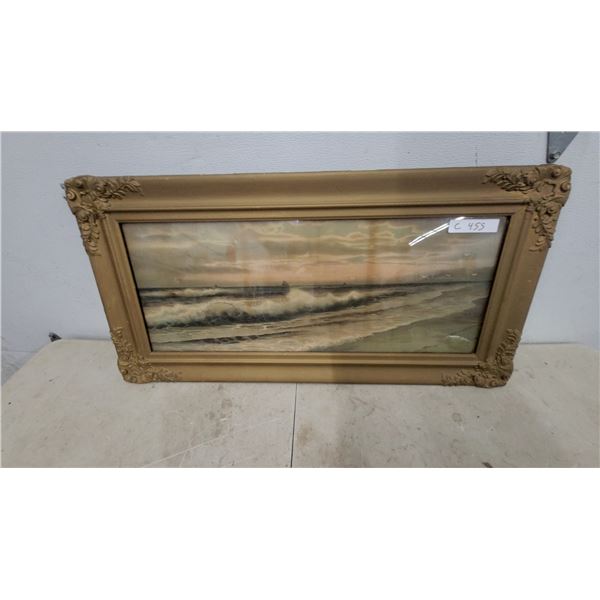 Framed Seascape Print in Ornate Gilt Wood Frame with Decorative Corners 18”×36” antique