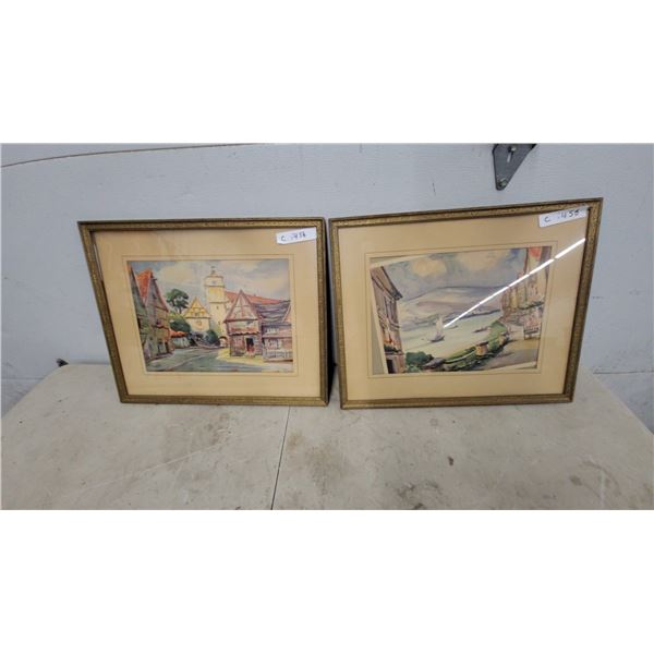 Pair of Framed Watercolor Paintings of European Townscapes in Ornate Gold Frames 17”×21”