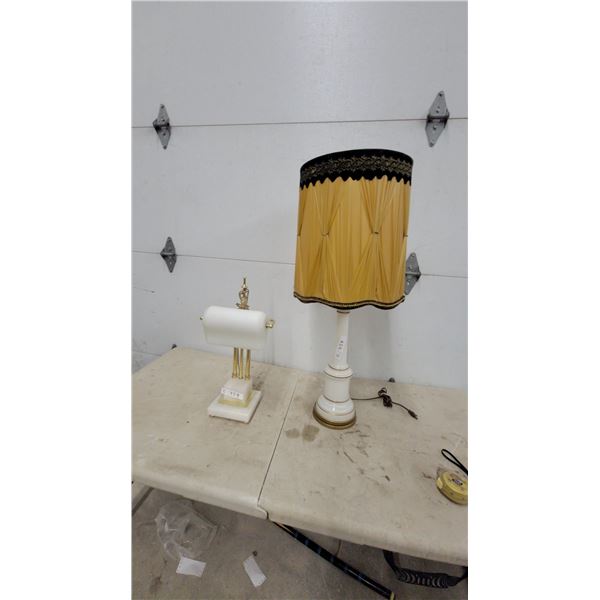 Vintage Table Lamp with Pleated Shade and Bankers Desk Lamp with Marble Base, Set of 2