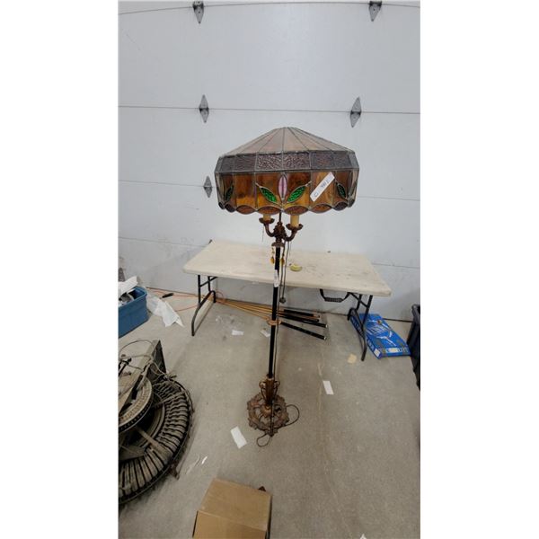 Antique Tiffany-Style Stained Glass Floor Lamp with Ornate Cast Metal Base, Dual Pull-Chain Sockets