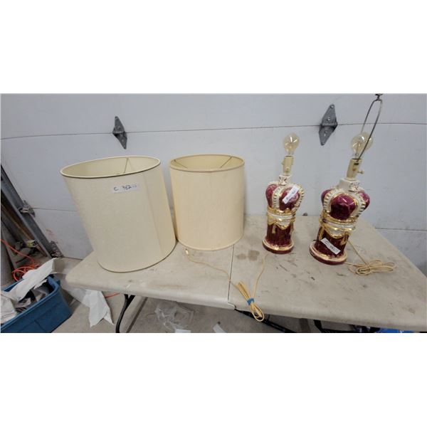 Pair of Ornate Burgundy and Gold Porcelain Crown Table Lamps with Cream Drum Shades