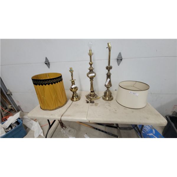 Vintage Brass Table Lamps with Pleated Gold and Cream Fabric Shades, Set of 3