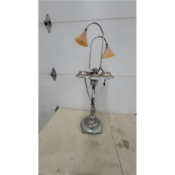 Vintage Art Deco Smoker Stand Table Lamp With Amber Fluted Glass Shades, 1920s-1940s