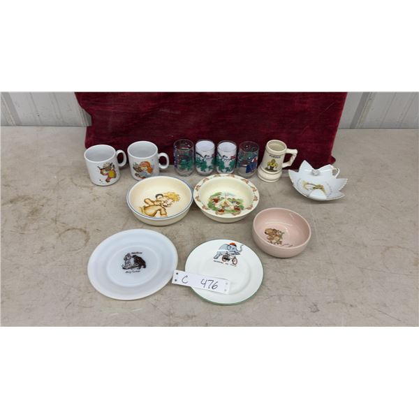 Vintage Children's Dishware Lot: Merry Monsters Glasses, Purdue Stein, Bear Mugs, Bowls