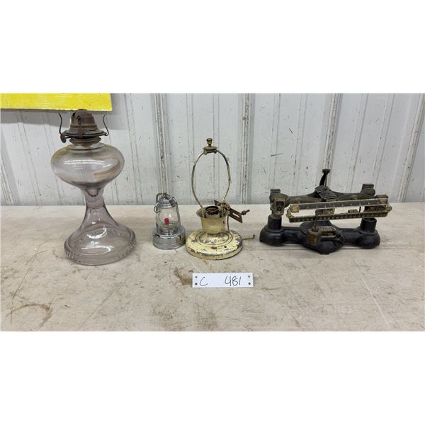 Antique Oil Lamp, Ohaus Trip Balance Scale, Small Lantern