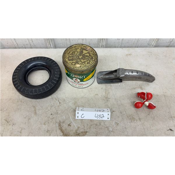Rubber Tire Ashtray, Macdonald Export Tobacco Tin, Vintage Automotive oil can opener