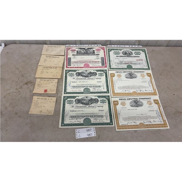 Vintage Stock Certificates and Wood Green Lodge No. 2426 Membership Receipt