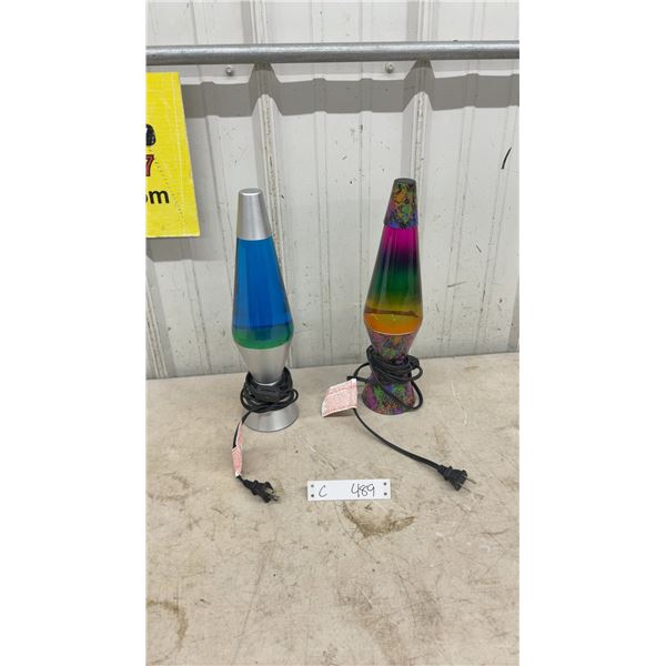 Pair of Classic Lava Lamps, Silver with Blue/Green Wax and Rainbow Splatter with Orange Wax