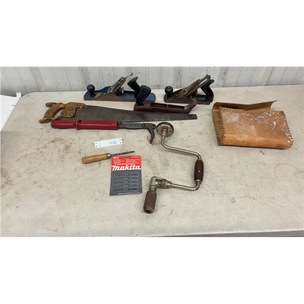 Vintage Hand Planes, Handsaw, Trimo Pipe Wrench, Brace Drill, Leather Tool Bag