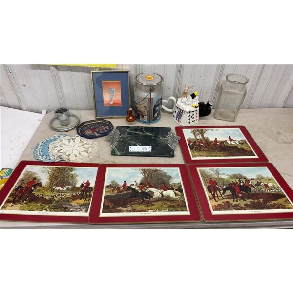 Fox-Hunting Themed Placemats, Marble Tray, Alice in Wonderland Teapot, Framed Print, Glass Jar