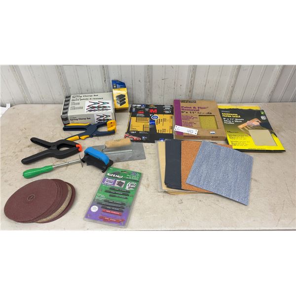 12-Piece Spring Clamp Set, Sandpaper, Sanding Discs, Jigsaw Blades, Trowel