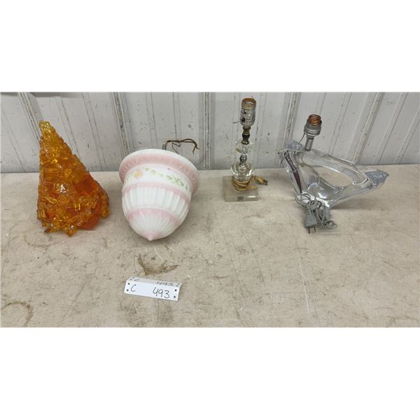 Vintage Lamp Lot: Amber Chunk Glass, Pink Floral Shade, Crystal and Glass Table Lamps