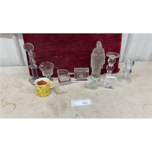 Frosted Glass Virgin Mary Statue, Glass Candle Holders, Mouse Figurine, Floral Mug