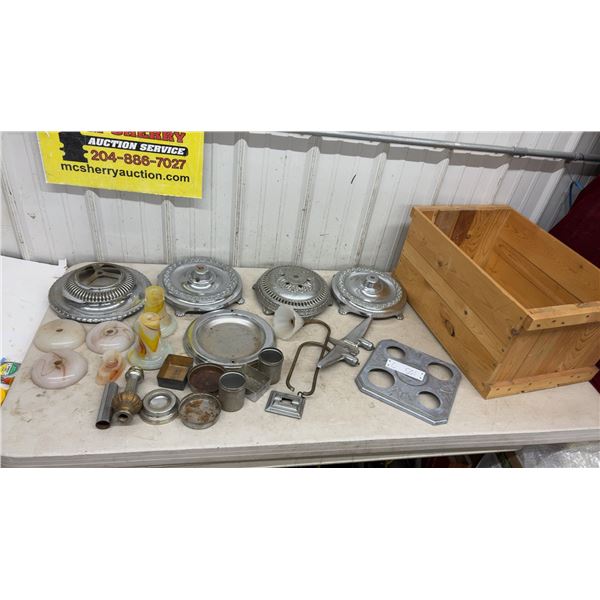 Vintage Metal Lamp Bases, Tops, Glass, Aircraft Model, Tins