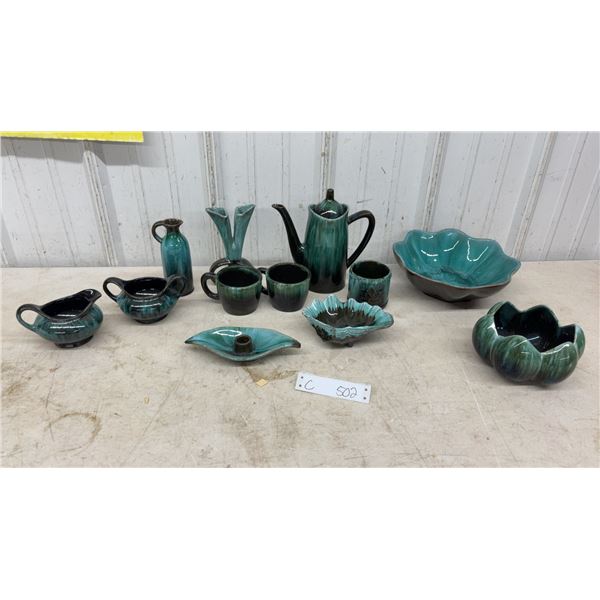 Blue Mountain Pottery Canada Teal Drip Glaze Ceramic Set, Teapot, Bowls, Vases, Mugs