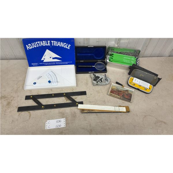 Staedtler Adjustable Triangle, Magnifier, Slide Rule, Soapstone Paperweight