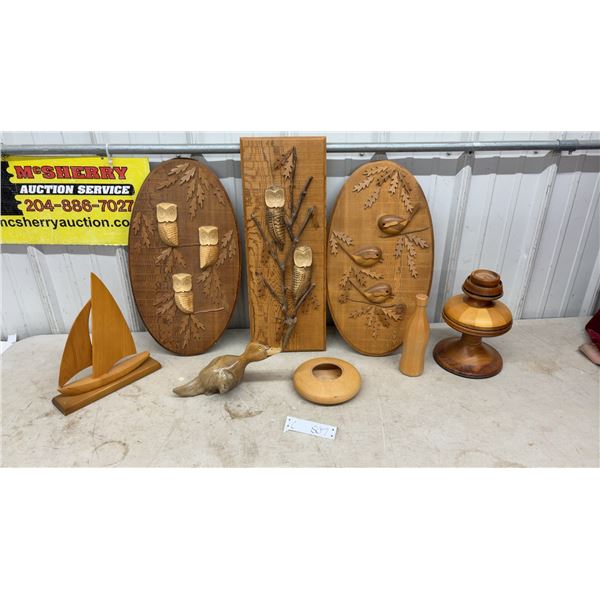 Hand-Carved Wooden Wall Art Plaques -Largest 21.5” x 8”, Sailboat, Duck, Bowl